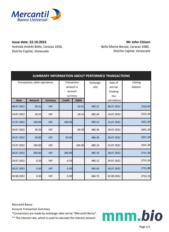 Szablon wyciągu bankowego Venezuela Mercantil w formacie Word i PDF